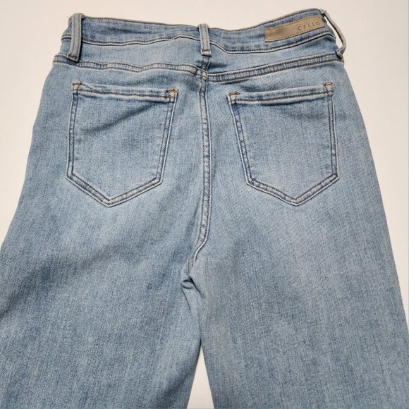 Cello Light Wash Stretch Denim High Rise Flare Jeans Raw Hem - Picture 3 of 7